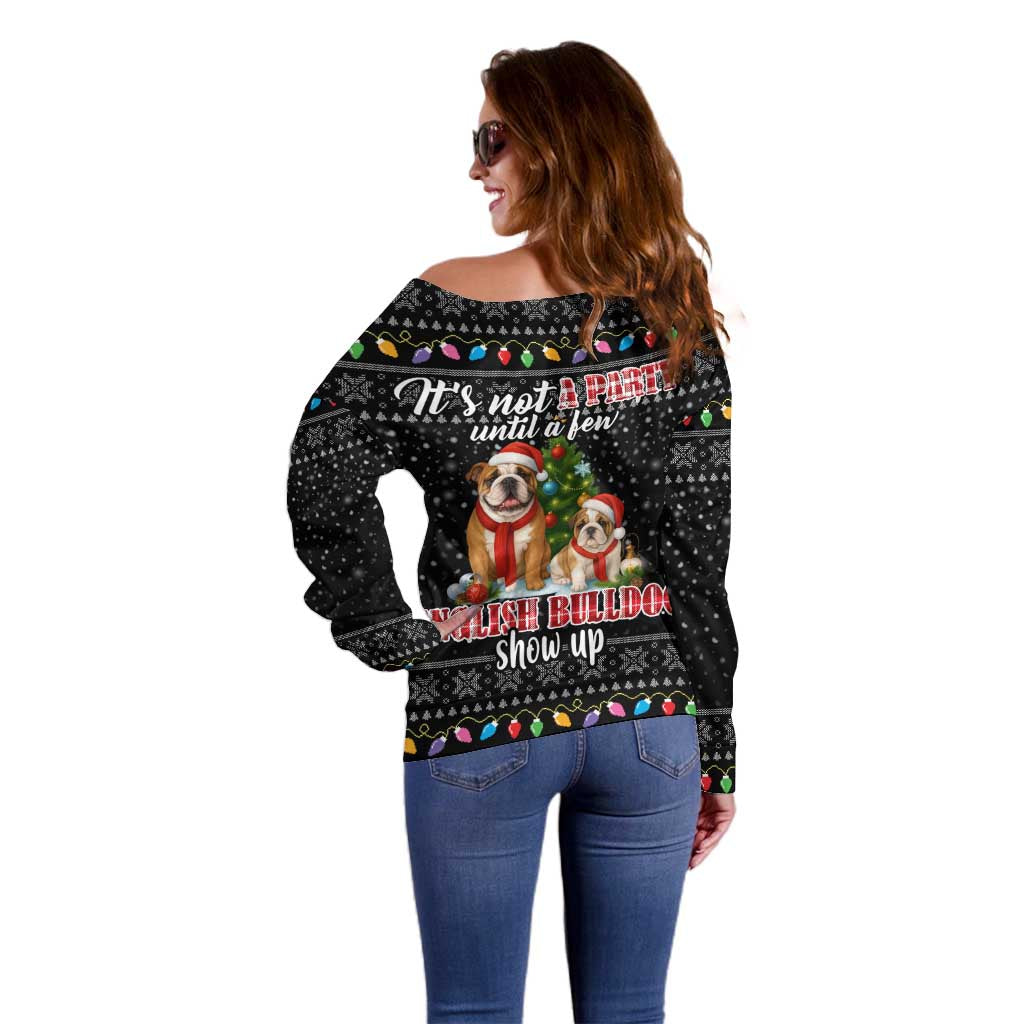 English Bulldog Show Up Christmas Off Shoulder Sweater Funny Xmas Holiday Patterns - Wonder Print Shop