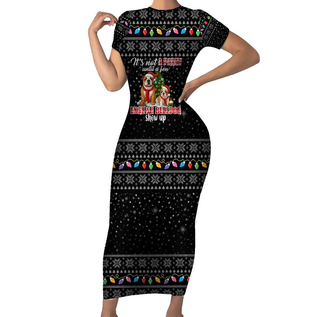 English Bulldog Show Up Christmas Short Sleeve Bodycon Dress Funny Xmas Holiday Patterns - Wonder Print Shop