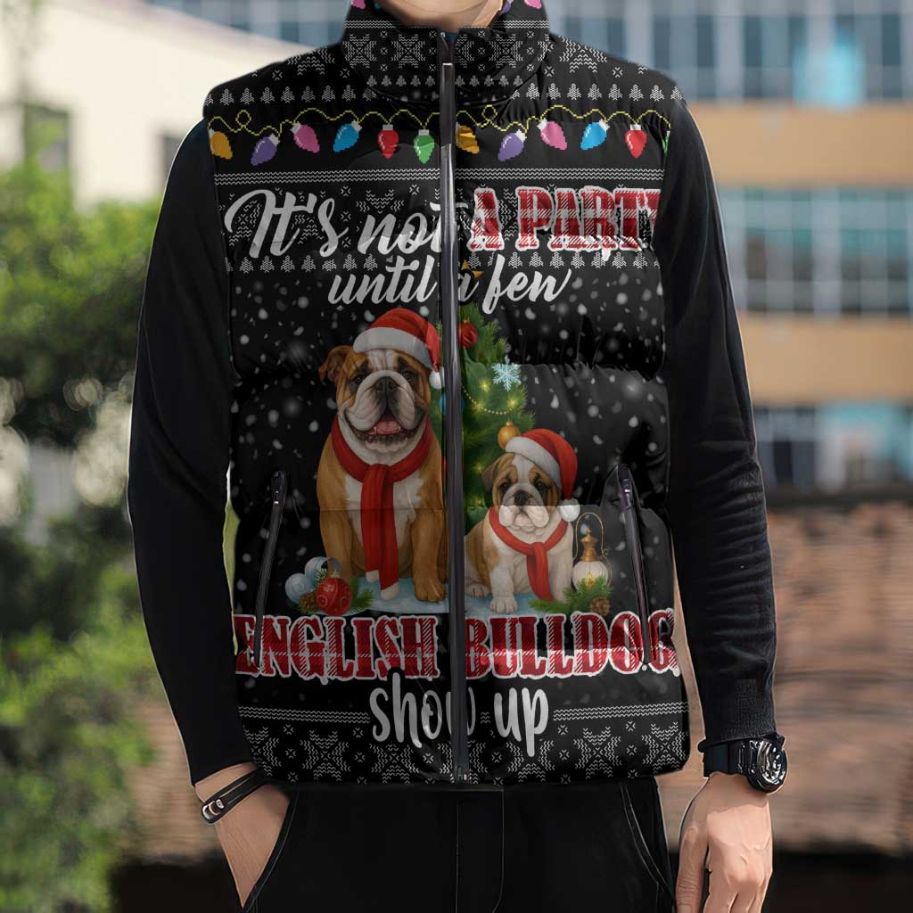 English Bulldog Show Up Christmas Sleeveless Puffer Jacket Funny Xmas Holiday Patterns - Wonder Print Shop