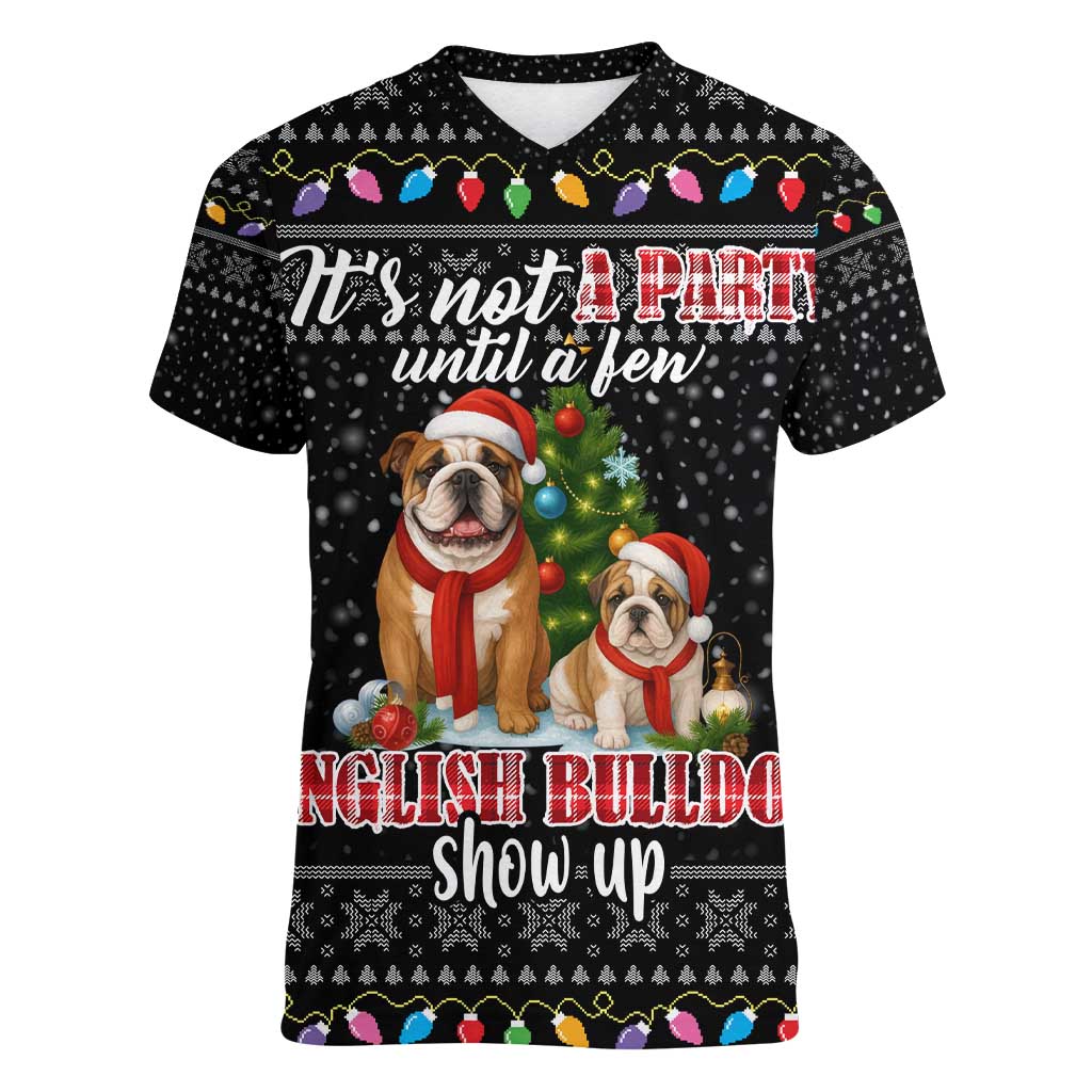 English Bulldog Show Up Christmas Women V-Neck T-Shirt Funny Xmas Holiday Patterns - Wonder Print Shop