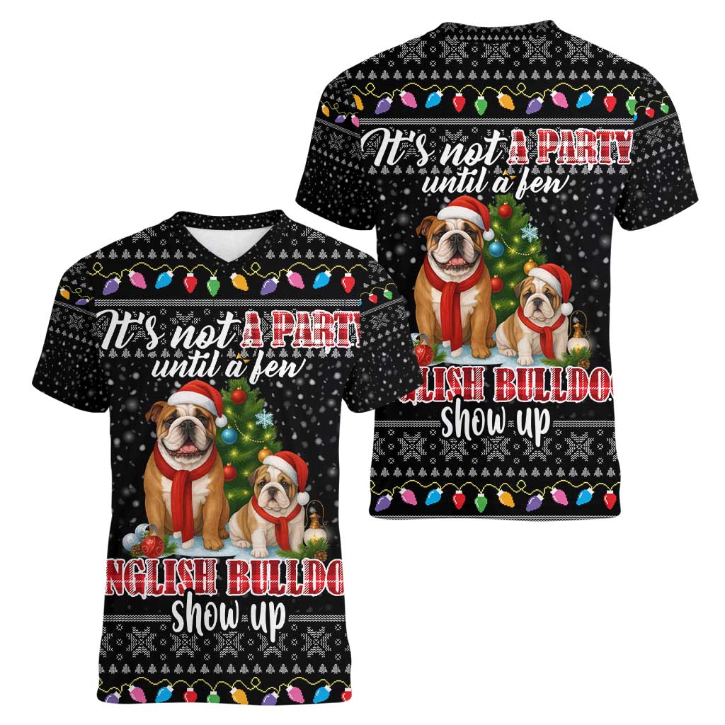English Bulldog Show Up Christmas Women V-Neck T-Shirt Funny Xmas Holiday Patterns - Wonder Print Shop