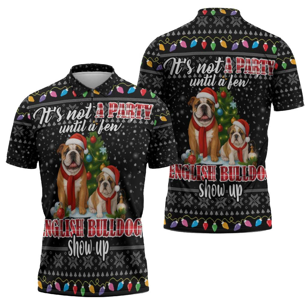 English Bulldog Show Up Christmas Zipper Polo Shirt Funny Xmas Holiday Patterns - Wonder Print Shop
