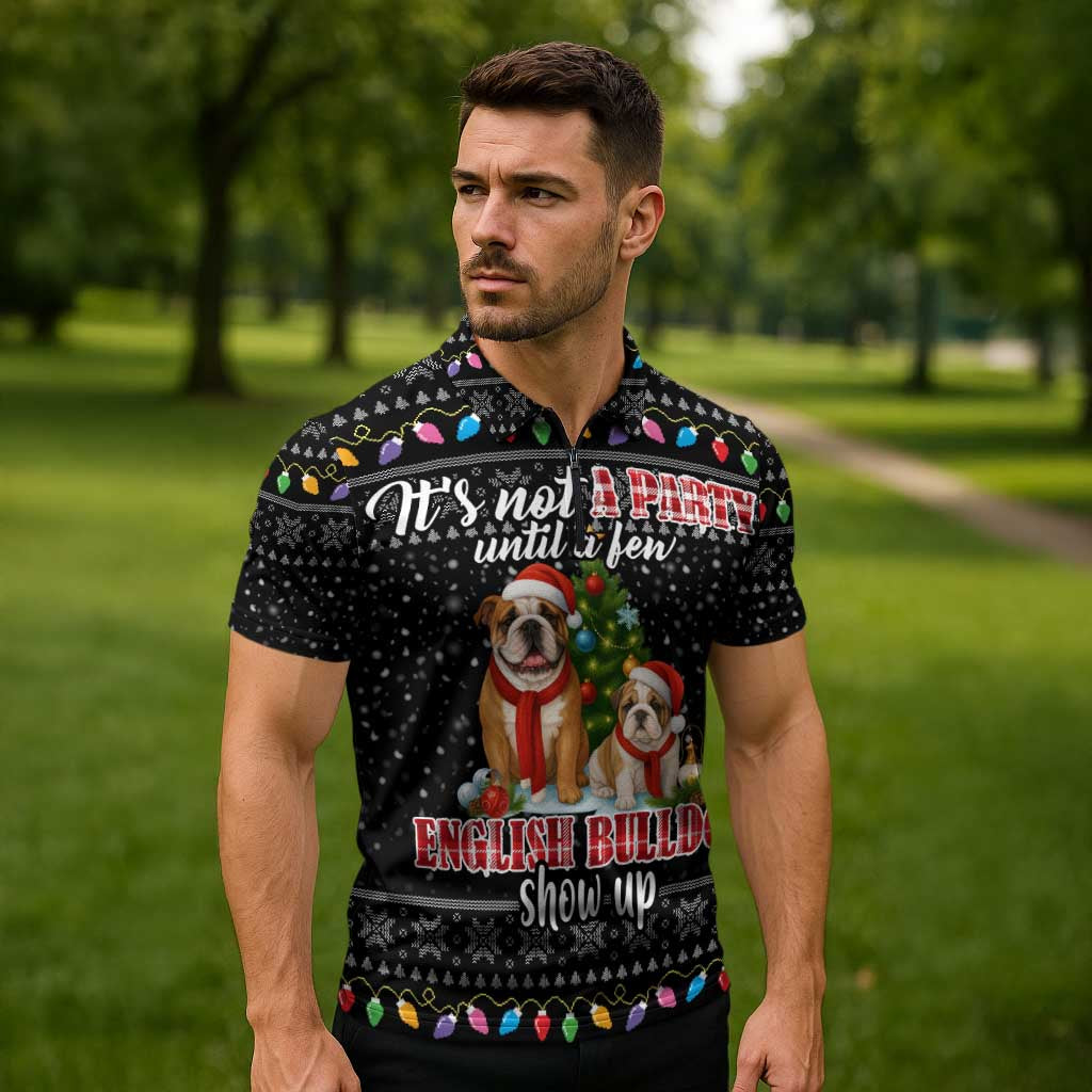 English Bulldog Show Up Christmas Zipper Polo Shirt Funny Xmas Holiday Patterns - Wonder Print Shop