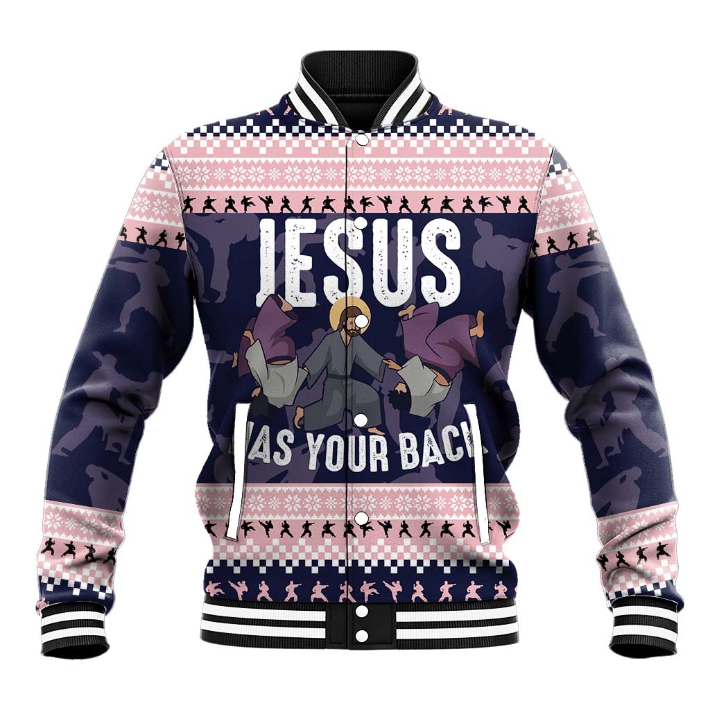 Jesus Has Your Back Jiu Jitsu Christmas Baseball Jacket Funny Xmas Holiday Patterns - Wonder Print Shop