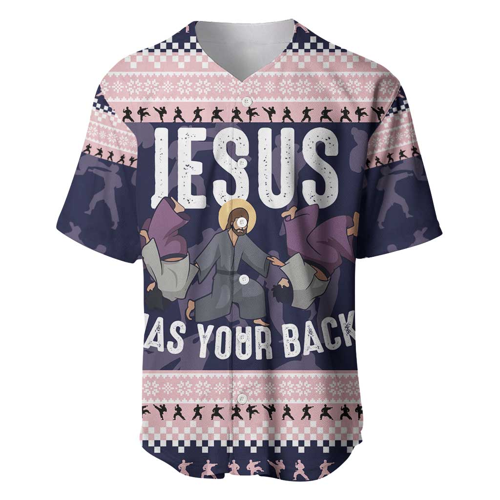 Jesus Has Your Back Jiu Jitsu Christmas Baseball Jersey Funny Xmas Holiday Patterns - Wonder Print Shop