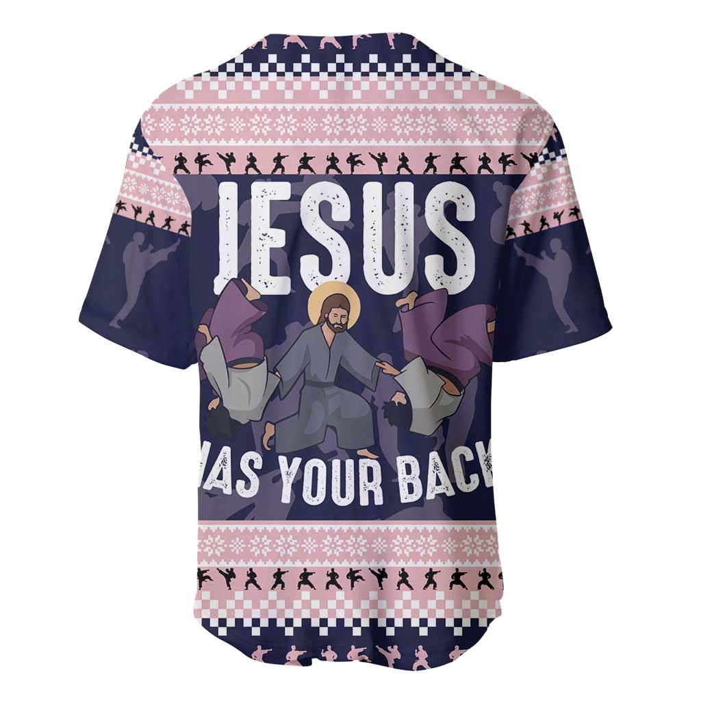 Jesus Has Your Back Jiu Jitsu Christmas Baseball Jersey Funny Xmas Holiday Patterns - Wonder Print Shop