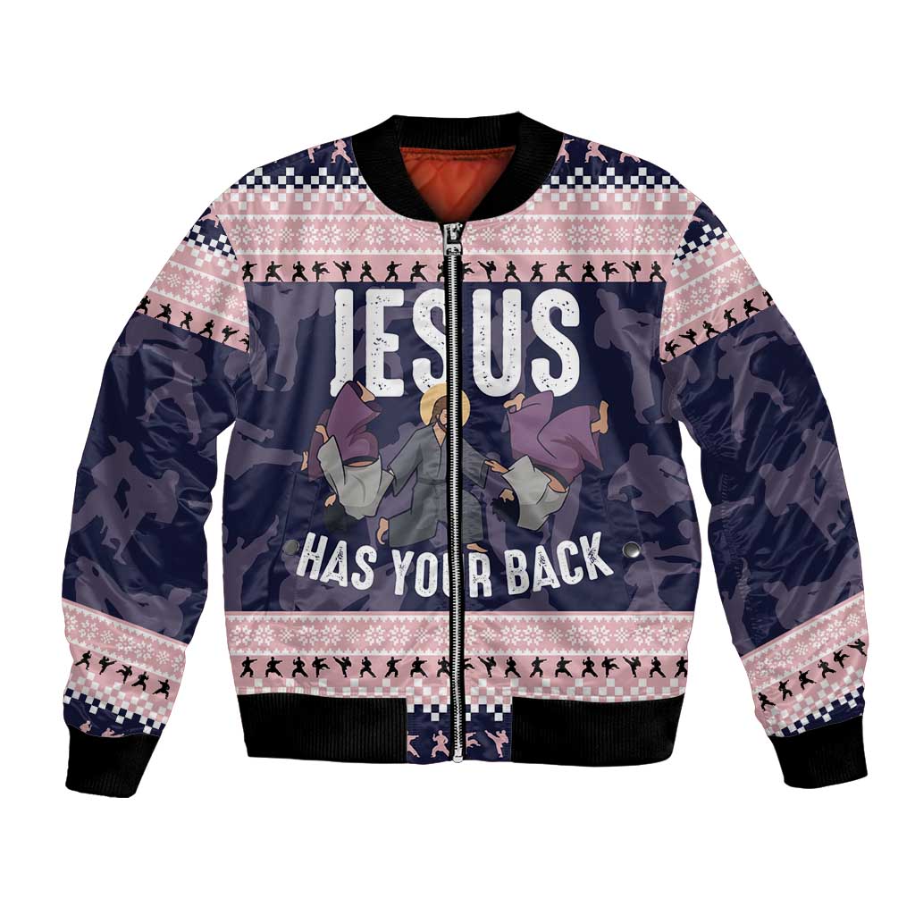Jesus Has Your Back Jiu Jitsu Christmas Bomber Jacket Funny Xmas Holiday Patterns - Wonder Print Shop