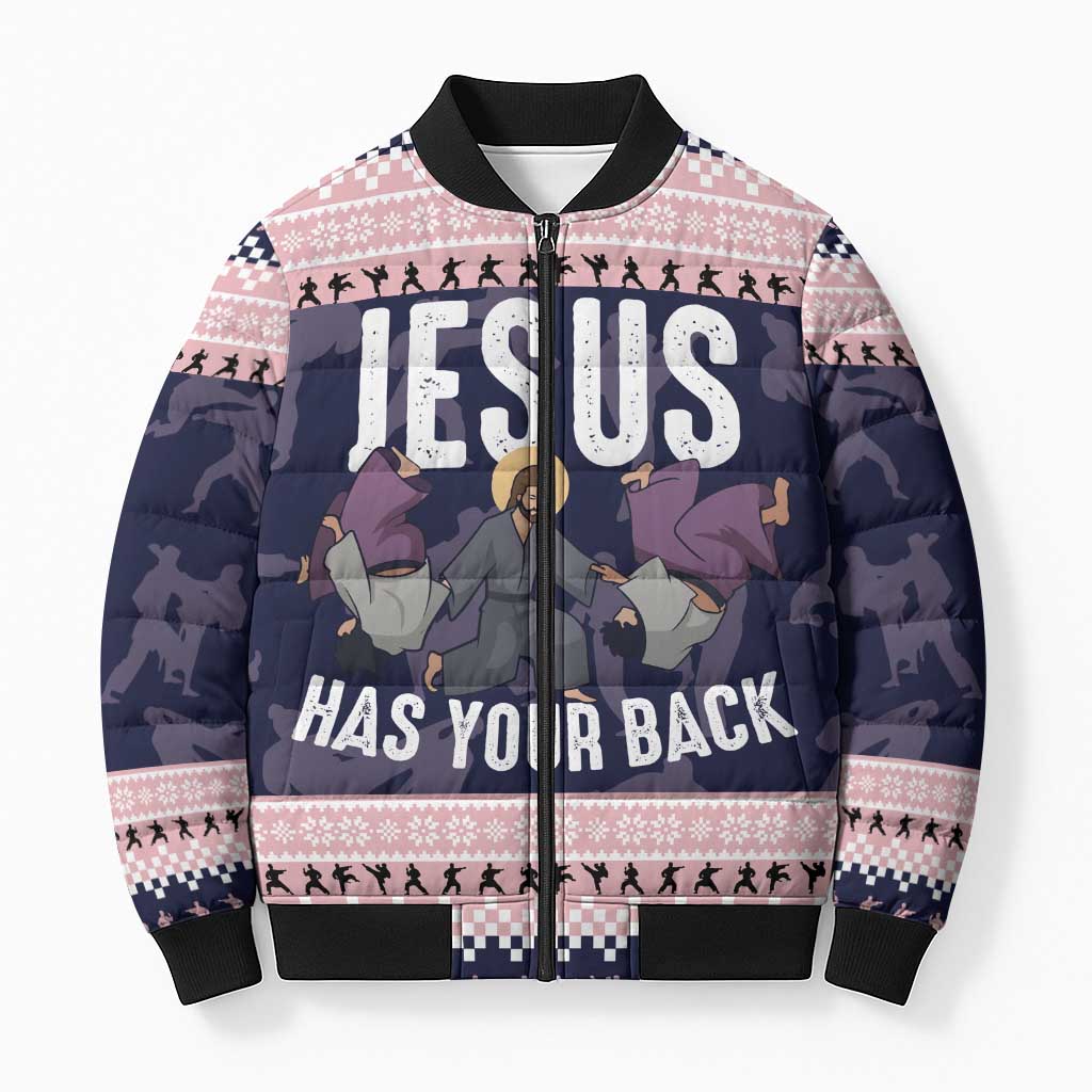 Jesus Has Your Back Jiu Jitsu Christmas Bomber Puffer Jacket Funny Xmas Holiday Patterns - Wonder Print Shop