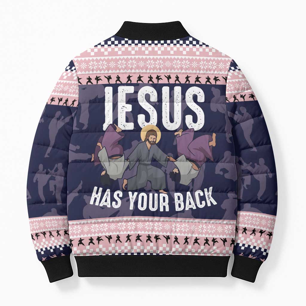 Jesus Has Your Back Jiu Jitsu Christmas Bomber Puffer Jacket Funny Xmas Holiday Patterns - Wonder Print Shop
