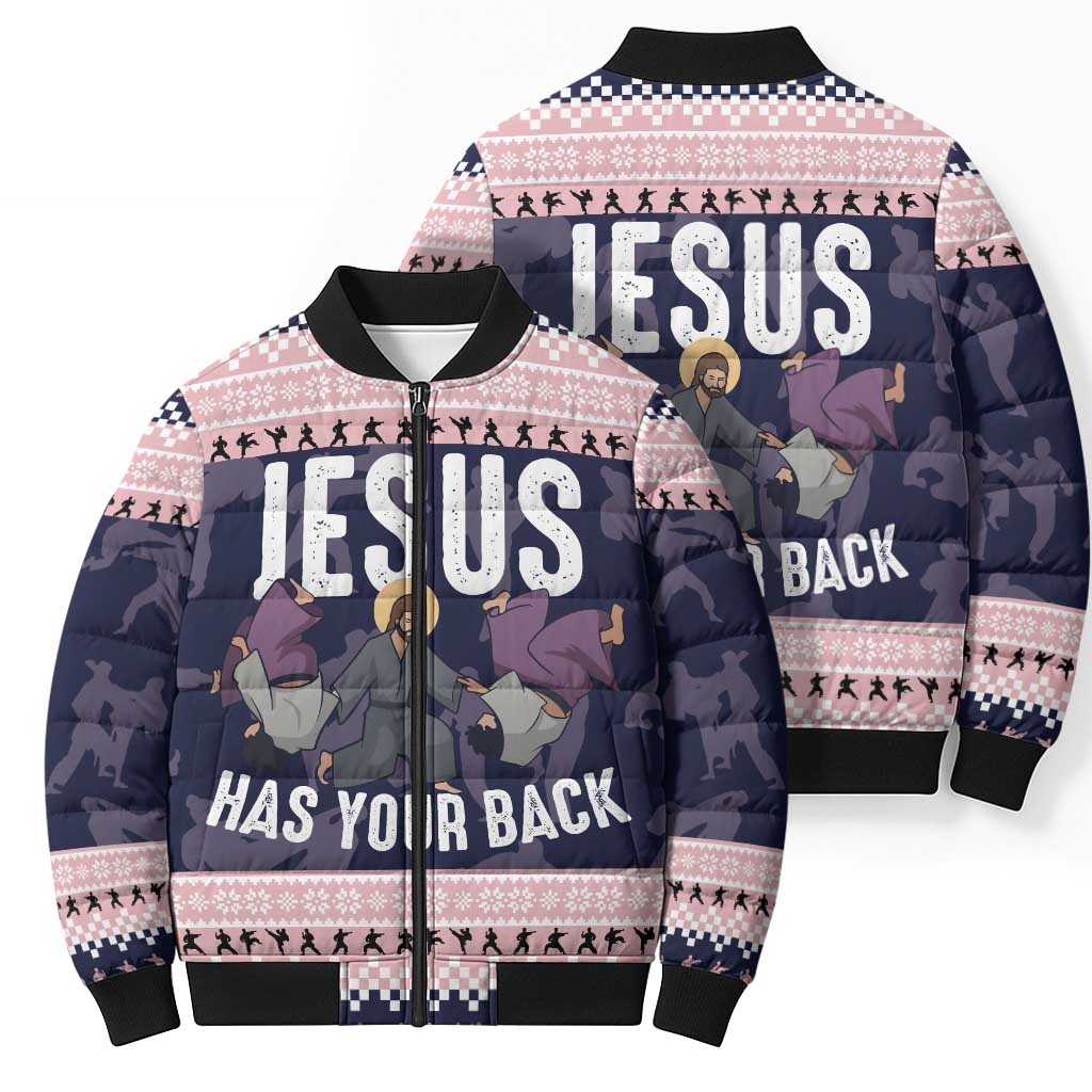 Jesus Has Your Back Jiu Jitsu Christmas Bomber Puffer Jacket Funny Xmas Holiday Patterns - Wonder Print Shop