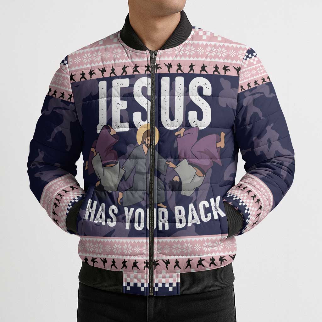 Jesus Has Your Back Jiu Jitsu Christmas Bomber Puffer Jacket Funny Xmas Holiday Patterns - Wonder Print Shop