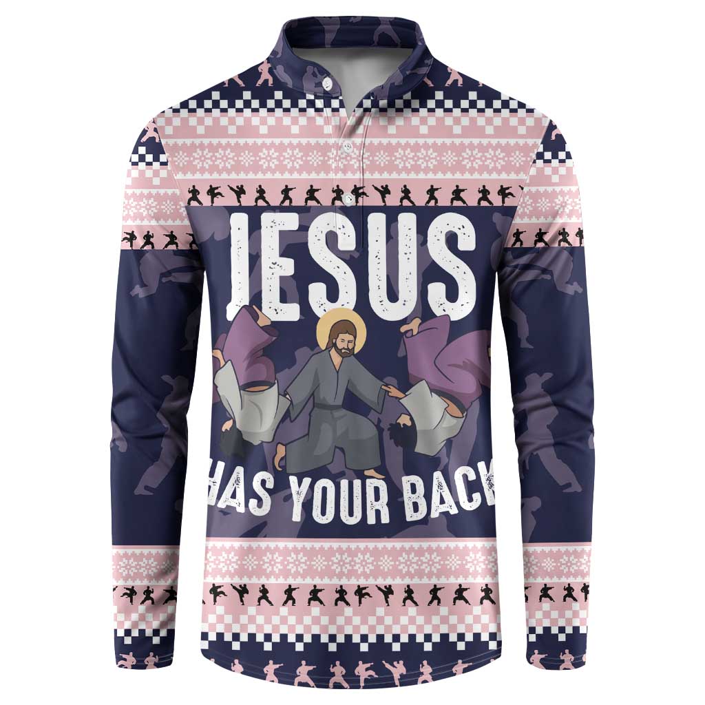 Jesus Has Your Back Jiu Jitsu Christmas Button Sweatshirt Funny Xmas Holiday Patterns - Wonder Print Shop