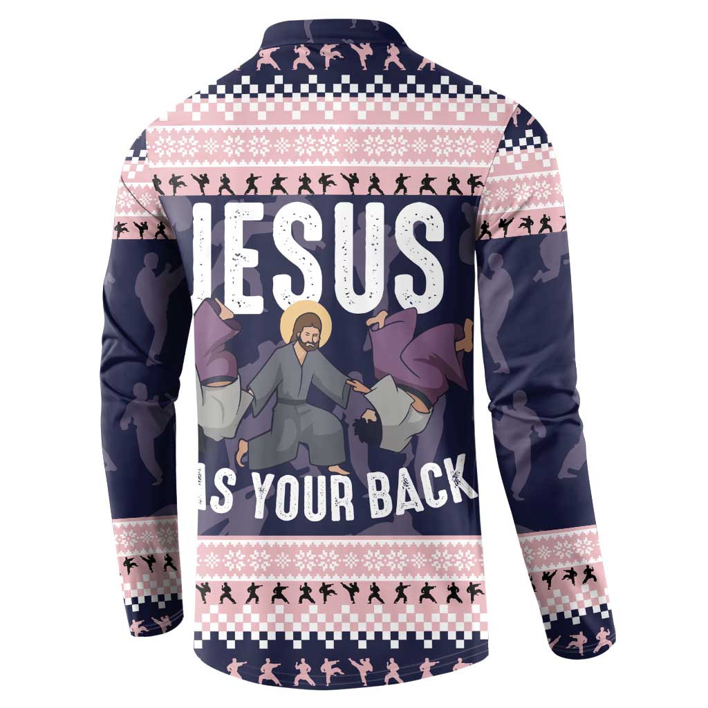 Jesus Has Your Back Jiu Jitsu Christmas Button Sweatshirt Funny Xmas Holiday Patterns - Wonder Print Shop