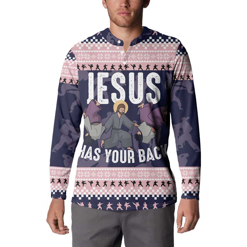 Jesus Has Your Back Jiu Jitsu Christmas Button Sweatshirt Funny Xmas Holiday Patterns - Wonder Print Shop