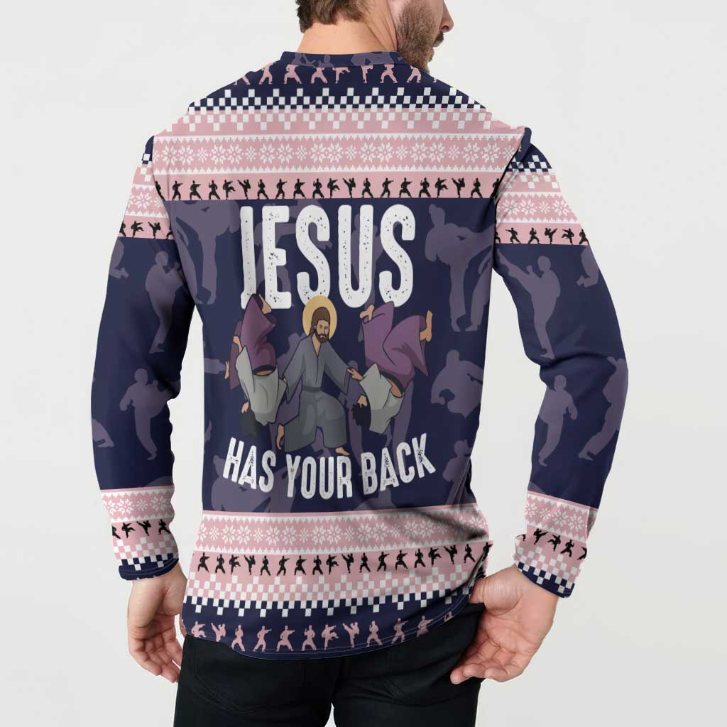 Jesus Has Your Back Jiu Jitsu Christmas Button Sweatshirt Funny Xmas Holiday Patterns - Wonder Print Shop