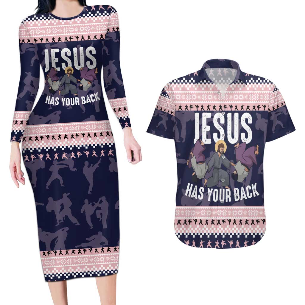 Jesus Has Your Back Jiu Jitsu Christmas Couples Matching Long Sleeve Bodycon Dress and Hawaiian Shirt Funny Xmas Holiday Patterns - Wonder Print Shop