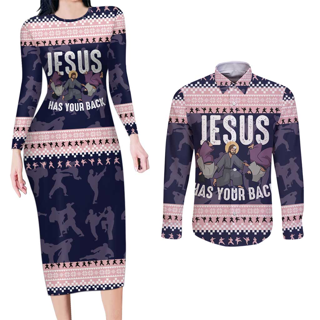 Jesus Has Your Back Jiu Jitsu Christmas Couples Matching Long Sleeve Bodycon Dress and Long Sleeve Button Shirt Funny Xmas Holiday Patterns - Wonder Print Shop