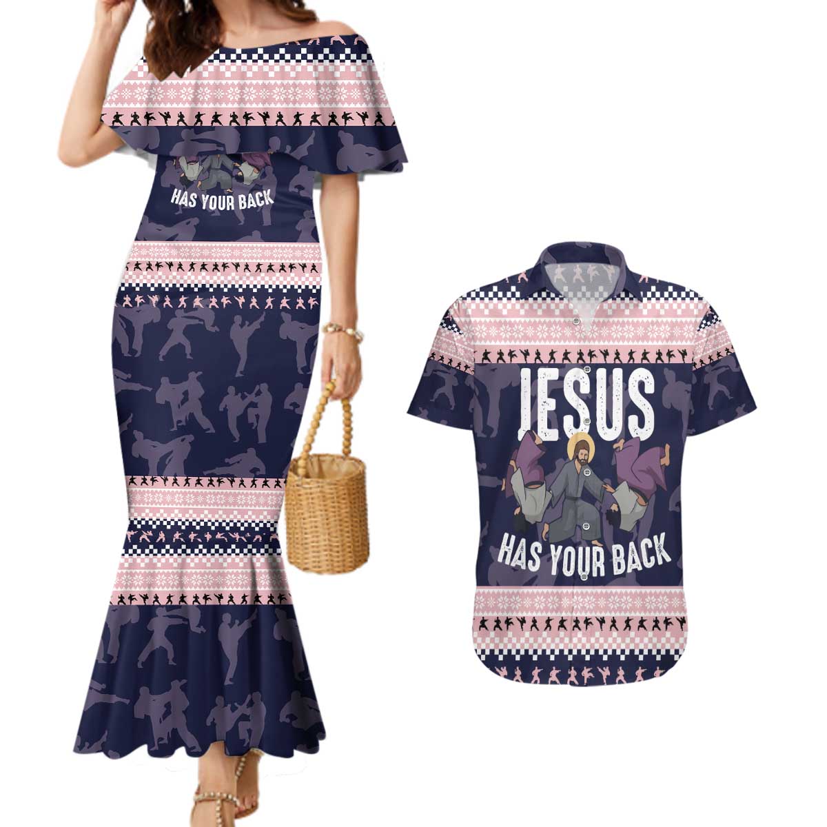 Jesus Has Your Back Jiu Jitsu Christmas Couples Matching Mermaid Dress and Hawaiian Shirt Funny Xmas Holiday Patterns - Wonder Print Shop