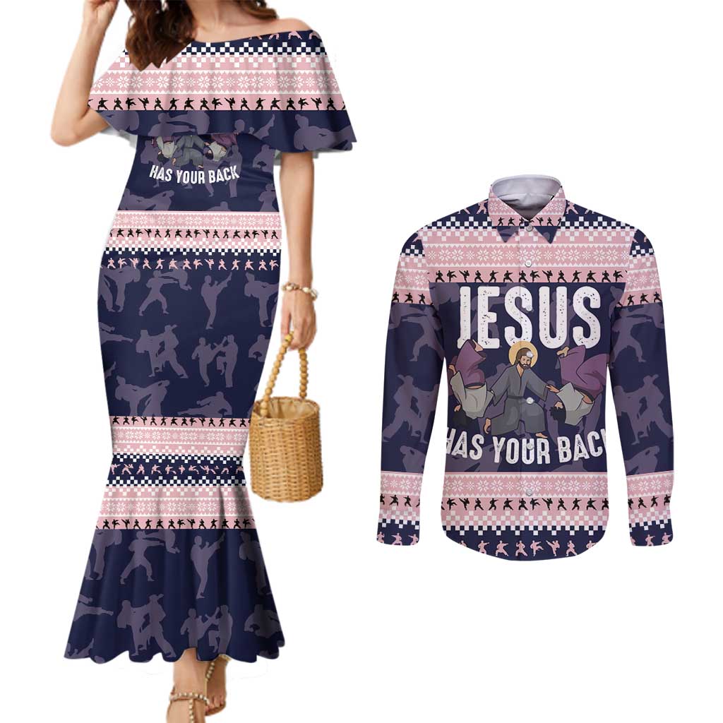 Jesus Has Your Back Jiu Jitsu Christmas Couples Matching Mermaid Dress and Long Sleeve Button Shirt Funny Xmas Holiday Patterns - Wonder Print Shop
