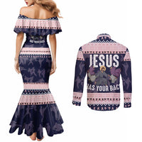 Jesus Has Your Back Jiu Jitsu Christmas Couples Matching Mermaid Dress and Long Sleeve Button Shirt Funny Xmas Holiday Patterns - Wonder Print Shop
