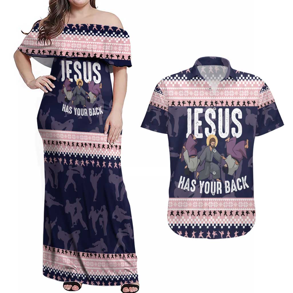 Jesus Has Your Back Jiu Jitsu Christmas Couples Matching Off Shoulder Maxi Dress and Hawaiian Shirt Funny Xmas Holiday Patterns - Wonder Print Shop