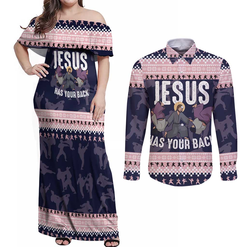 Jesus Has Your Back Jiu Jitsu Christmas Couples Matching Off Shoulder Maxi Dress and Long Sleeve Button Shirt Funny Xmas Holiday Patterns - Wonder Print Shop