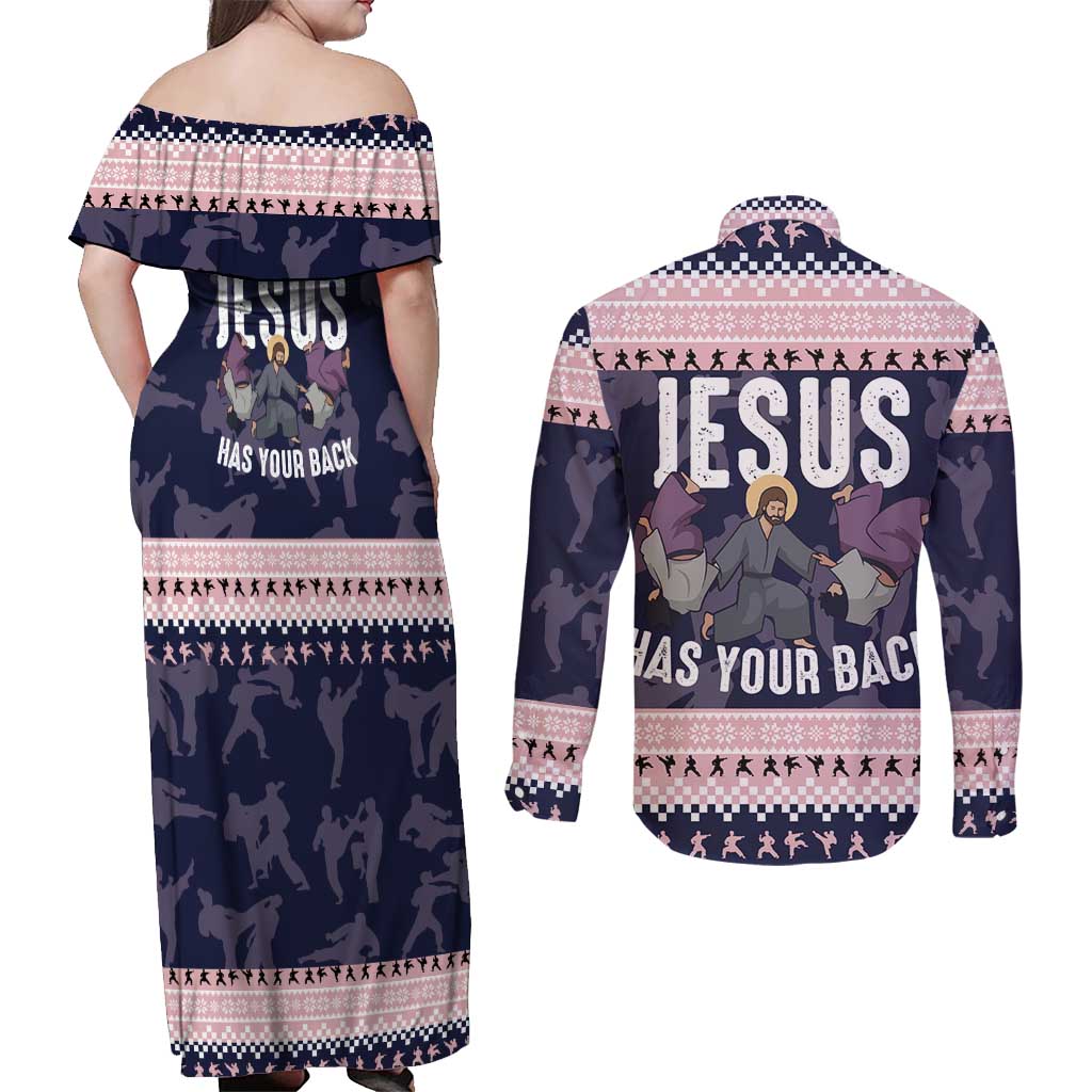 Jesus Has Your Back Jiu Jitsu Christmas Couples Matching Off Shoulder Maxi Dress and Long Sleeve Button Shirt Funny Xmas Holiday Patterns - Wonder Print Shop
