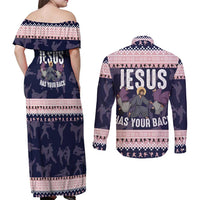 Jesus Has Your Back Jiu Jitsu Christmas Couples Matching Off Shoulder Maxi Dress and Long Sleeve Button Shirt Funny Xmas Holiday Patterns - Wonder Print Shop