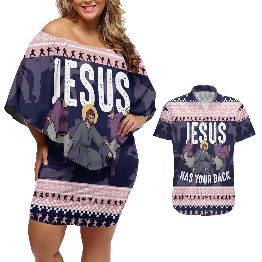 Jesus Has Your Back Jiu Jitsu Christmas Couples Matching Off Shoulder Short Dress and Hawaiian Shirt Funny Xmas Holiday Patterns - Wonder Print Shop