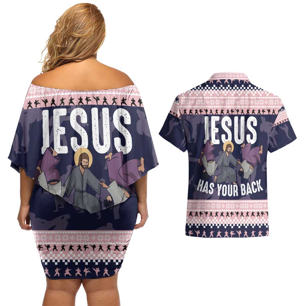 Jesus Has Your Back Jiu Jitsu Christmas Couples Matching Off Shoulder Short Dress and Hawaiian Shirt Funny Xmas Holiday Patterns - Wonder Print Shop