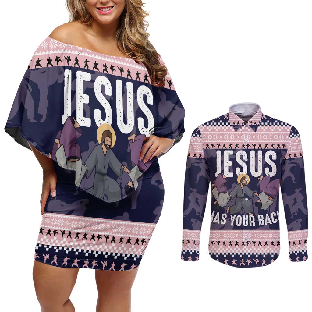 Jesus Has Your Back Jiu Jitsu Christmas Couples Matching Off Shoulder Short Dress and Long Sleeve Button Shirt Funny Xmas Holiday Patterns - Wonder Print Shop