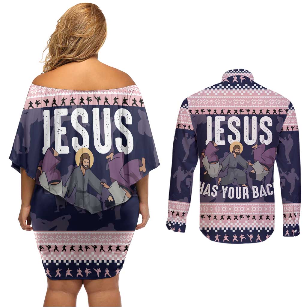 Jesus Has Your Back Jiu Jitsu Christmas Couples Matching Off Shoulder Short Dress and Long Sleeve Button Shirt Funny Xmas Holiday Patterns - Wonder Print Shop