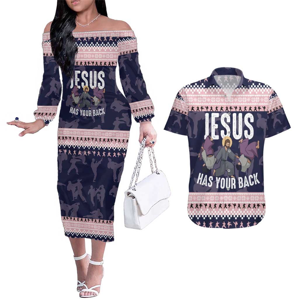 Jesus Has Your Back Jiu Jitsu Christmas Couples Matching Off The Shoulder Long Sleeve Dress and Hawaiian Shirt Funny Xmas Holiday Patterns - Wonder Print Shop