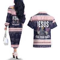 Jesus Has Your Back Jiu Jitsu Christmas Couples Matching Off The Shoulder Long Sleeve Dress and Hawaiian Shirt Funny Xmas Holiday Patterns - Wonder Print Shop