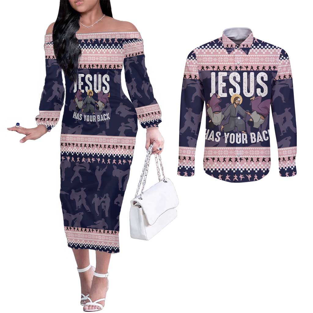 Jesus Has Your Back Jiu Jitsu Christmas Couples Matching Off The Shoulder Long Sleeve Dress and Long Sleeve Button Shirt Funny Xmas Holiday Patterns - Wonder Print Shop