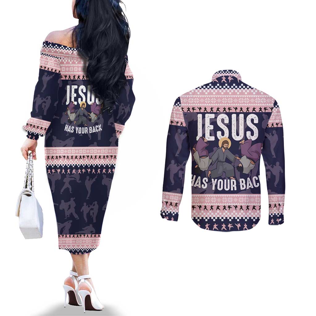 Jesus Has Your Back Jiu Jitsu Christmas Couples Matching Off The Shoulder Long Sleeve Dress and Long Sleeve Button Shirt Funny Xmas Holiday Patterns - Wonder Print Shop
