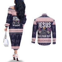 Jesus Has Your Back Jiu Jitsu Christmas Couples Matching Off The Shoulder Long Sleeve Dress and Long Sleeve Button Shirt Funny Xmas Holiday Patterns - Wonder Print Shop