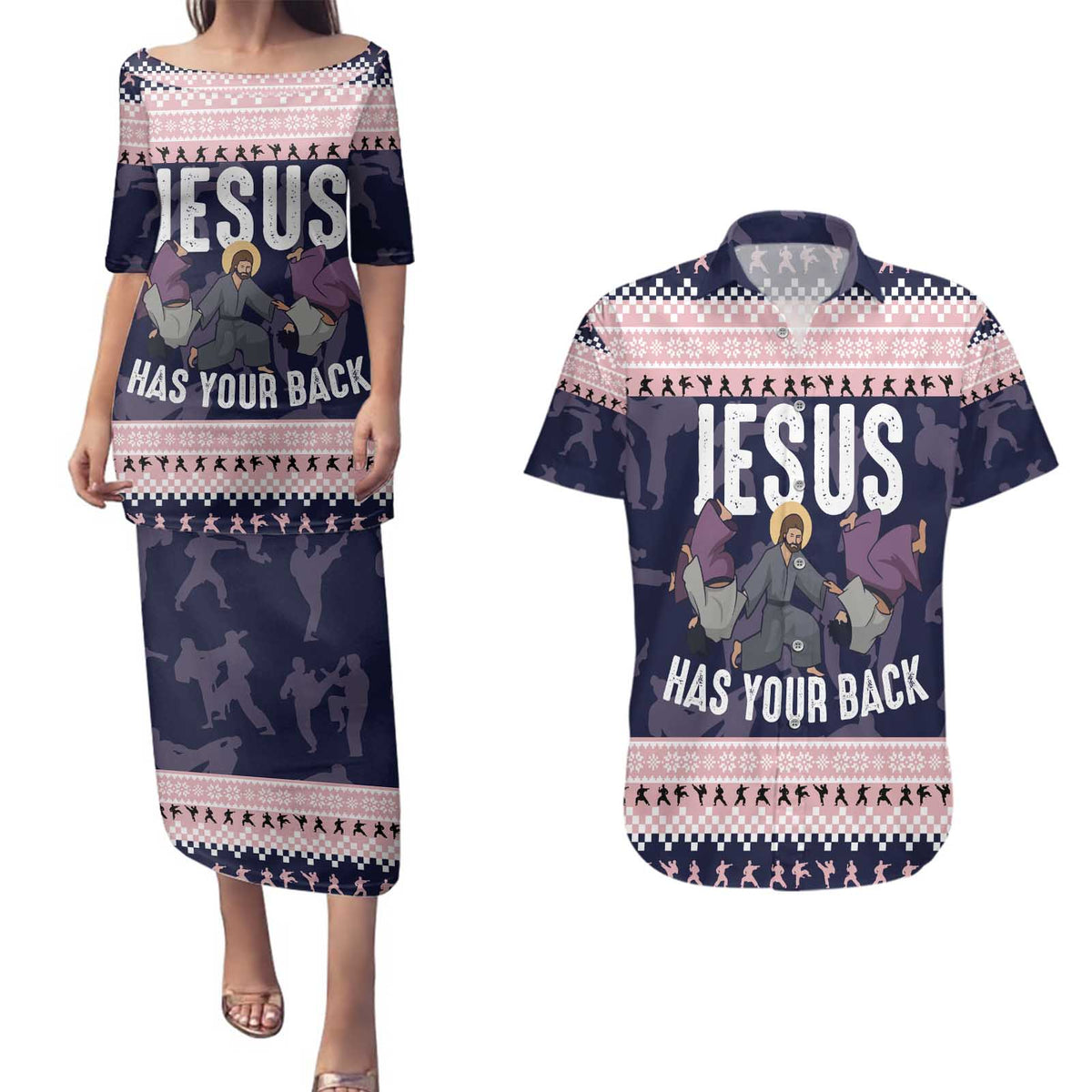 Jesus Has Your Back Jiu Jitsu Christmas Couples Matching Puletasi and Hawaiian Shirt Funny Xmas Holiday Patterns - Wonder Print Shop