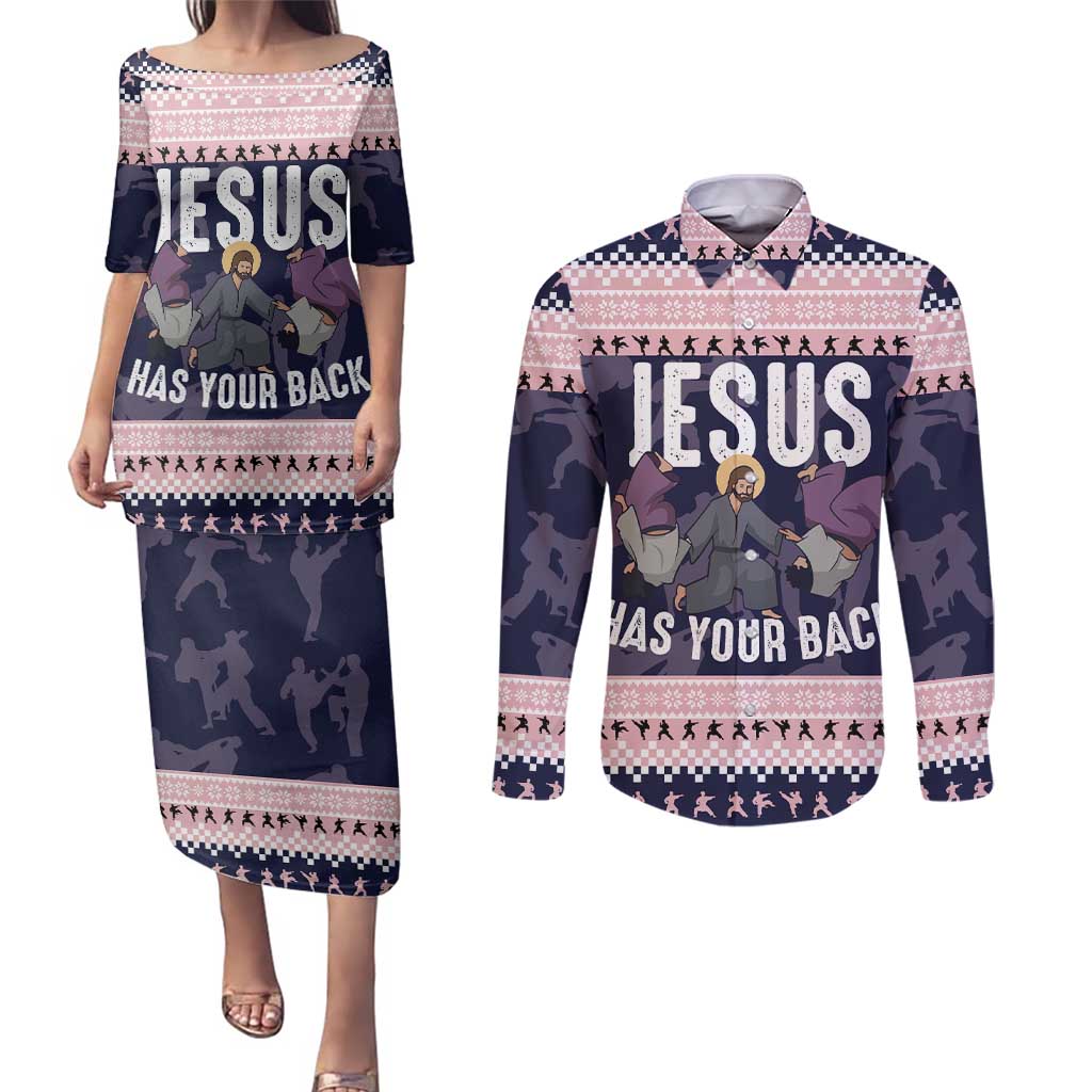 Jesus Has Your Back Jiu Jitsu Christmas Couples Matching Puletasi and Long Sleeve Button Shirt Funny Xmas Holiday Patterns - Wonder Print Shop