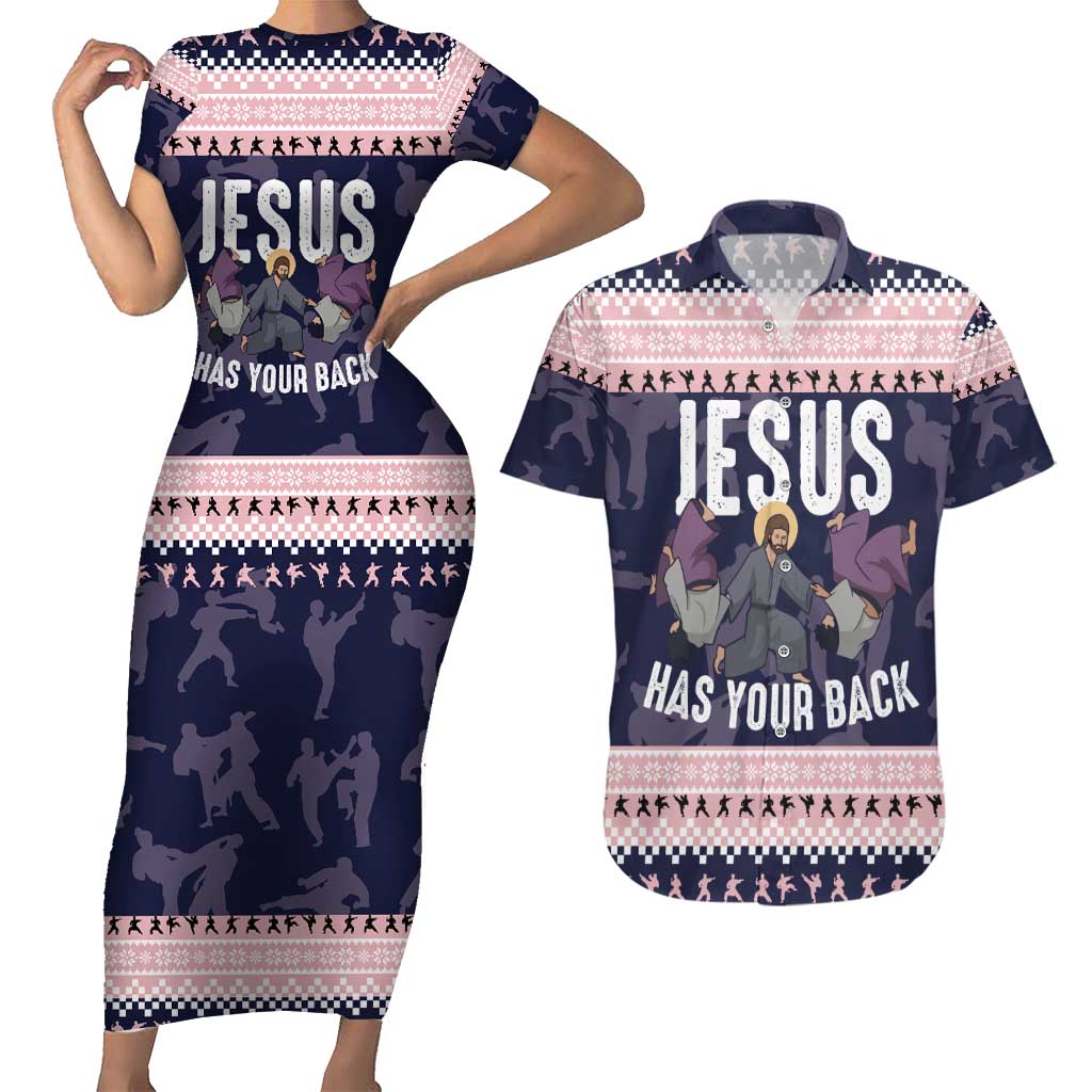 Jesus Has Your Back Jiu Jitsu Christmas Couples Matching Short Sleeve Bodycon Dress and Hawaiian Shirt Funny Xmas Holiday Patterns - Wonder Print Shop