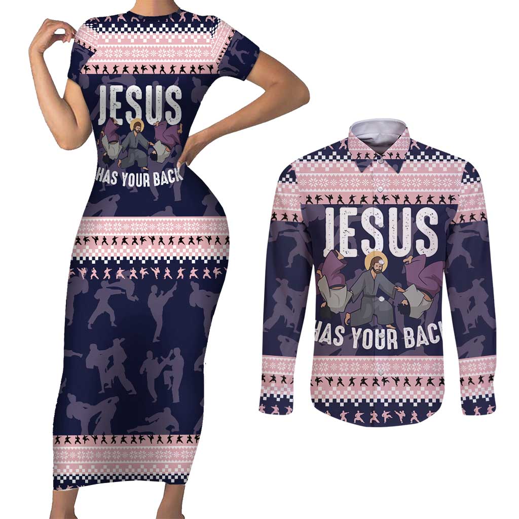 Jesus Has Your Back Jiu Jitsu Christmas Couples Matching Short Sleeve Bodycon Dress and Long Sleeve Button Shirt Funny Xmas Holiday Patterns - Wonder Print Shop