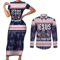Jesus Has Your Back Jiu Jitsu Christmas Couples Matching Short Sleeve Bodycon Dress and Long Sleeve Button Shirt Funny Xmas Holiday Patterns - Wonder Print Shop