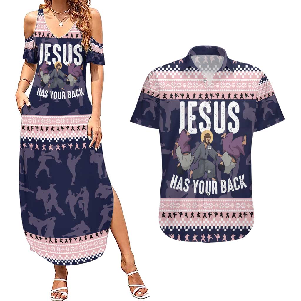 Jesus Has Your Back Jiu Jitsu Christmas Couples Matching Summer Maxi Dress and Hawaiian Shirt Funny Xmas Holiday Patterns - Wonder Print Shop