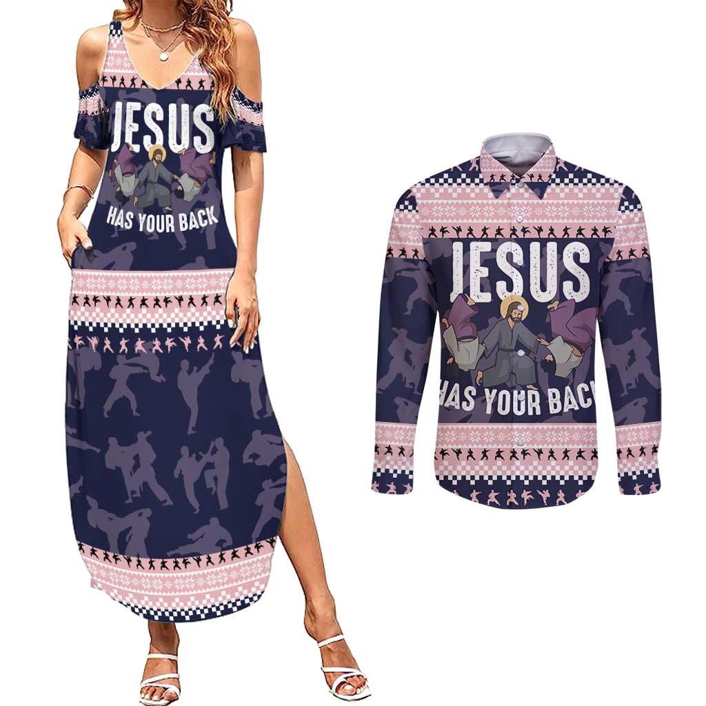 Jesus Has Your Back Jiu Jitsu Christmas Couples Matching Summer Maxi Dress and Long Sleeve Button Shirt Funny Xmas Holiday Patterns - Wonder Print Shop