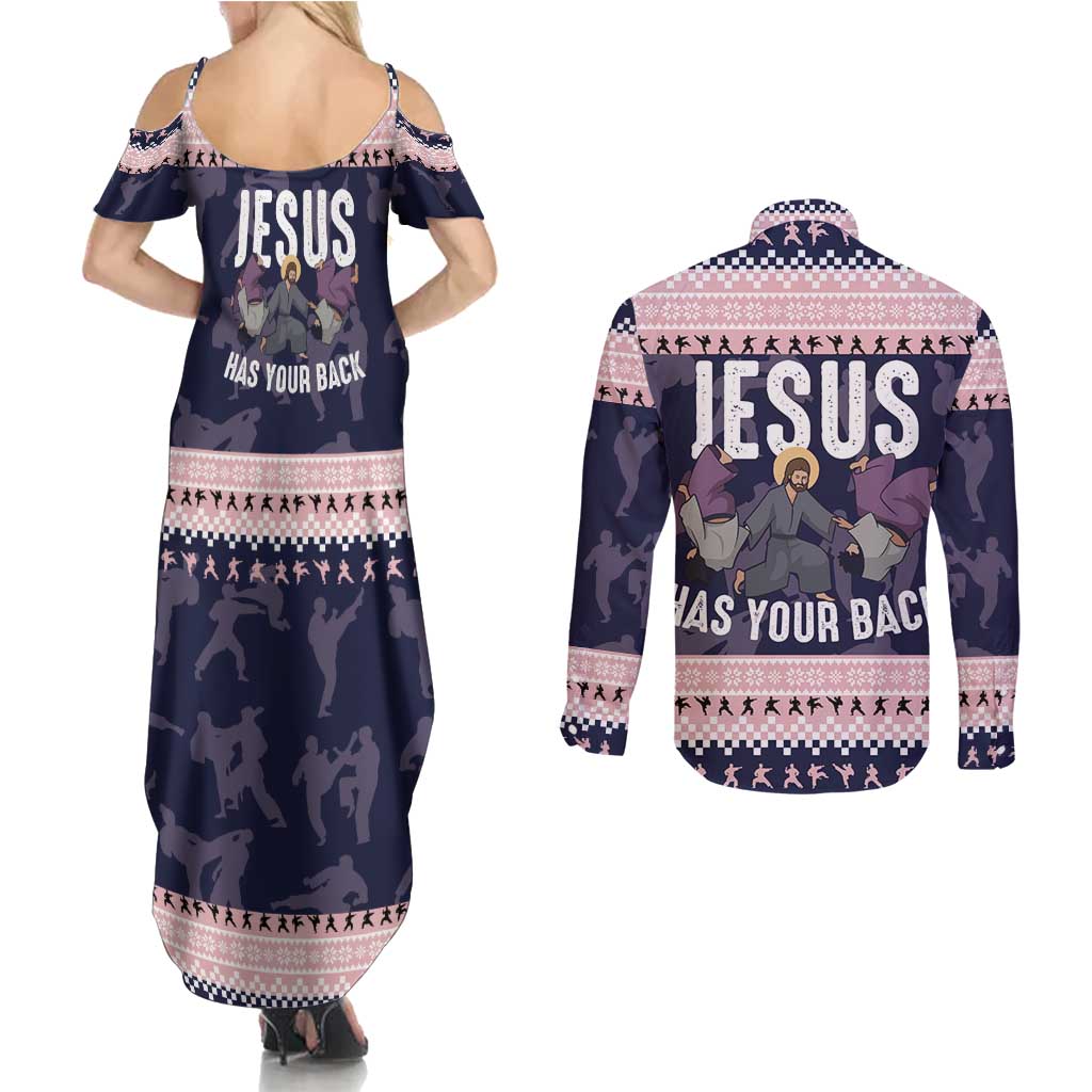 Jesus Has Your Back Jiu Jitsu Christmas Couples Matching Summer Maxi Dress and Long Sleeve Button Shirt Funny Xmas Holiday Patterns - Wonder Print Shop