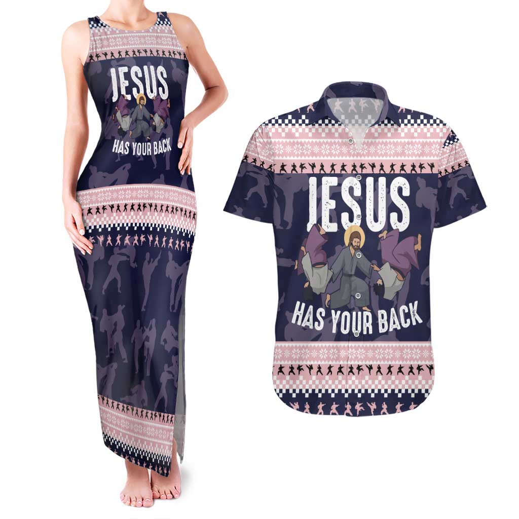 Jesus Has Your Back Jiu Jitsu Christmas Couples Matching Tank Maxi Dress and Hawaiian Shirt Funny Xmas Holiday Patterns - Wonder Print Shop