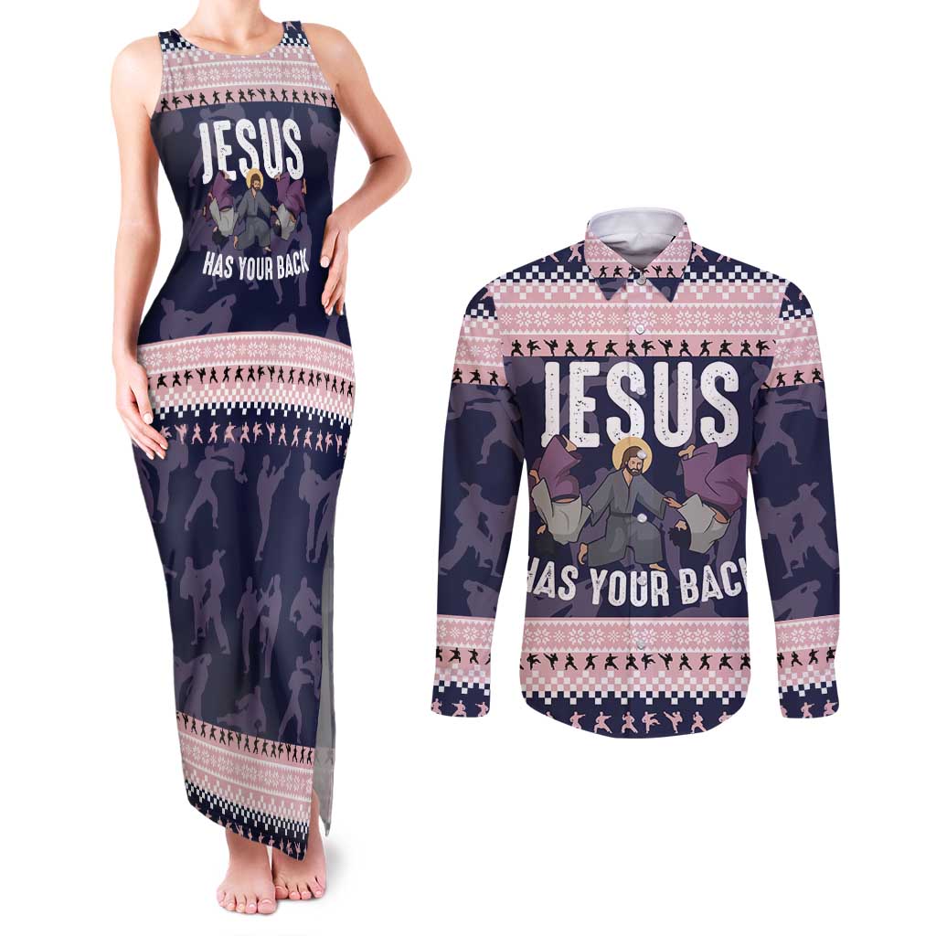 Jesus Has Your Back Jiu Jitsu Christmas Couples Matching Tank Maxi Dress and Long Sleeve Button Shirt Funny Xmas Holiday Patterns - Wonder Print Shop