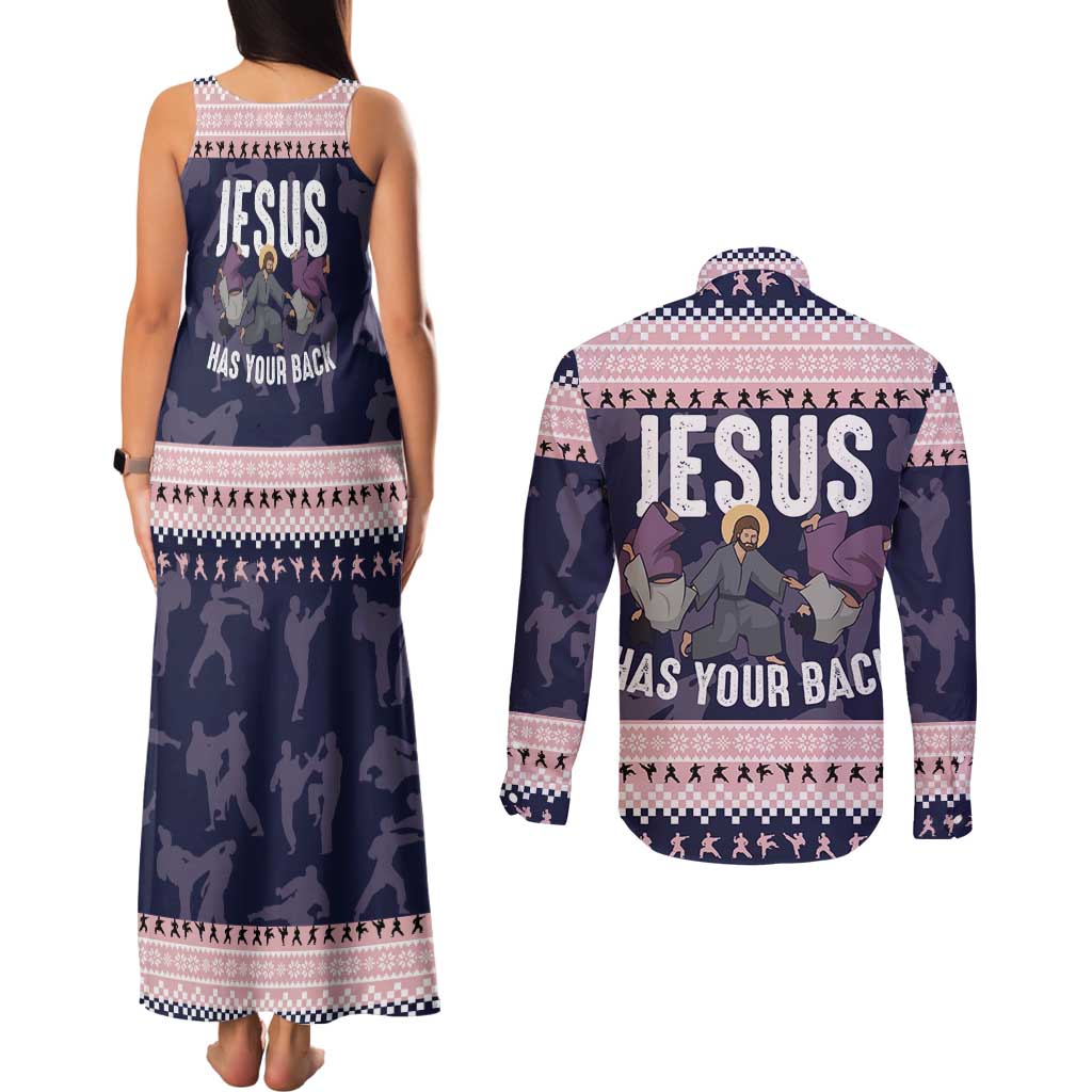 Jesus Has Your Back Jiu Jitsu Christmas Couples Matching Tank Maxi Dress and Long Sleeve Button Shirt Funny Xmas Holiday Patterns - Wonder Print Shop