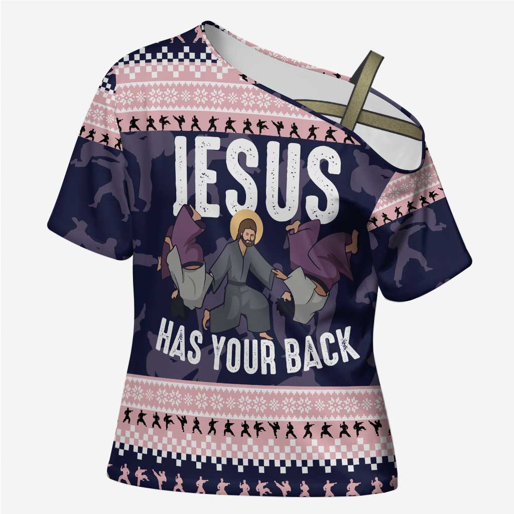 Jesus Has Your Back Jiu Jitsu Christmas Cross Shoulder Shirt Funny Xmas Holiday Patterns - Wonder Print Shop