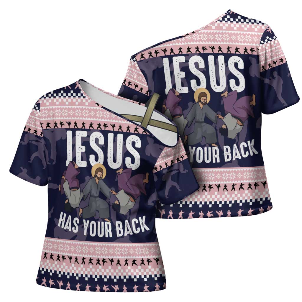 Jesus Has Your Back Jiu Jitsu Christmas Cross Shoulder Shirt Funny Xmas Holiday Patterns - Wonder Print Shop